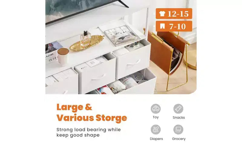Commode 5 tiroirs avec plateau en bois et étagère ouverte, tour de rangement en tissu avec cadre en métal, commode pour meuble TV, chambre, entrée, vêtements