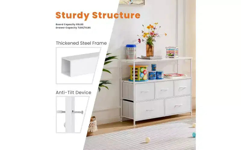 Commode 5 tiroirs avec plateau en bois et étagère ouverte, tour de rangement en tissu avec cadre en métal, commode pour meuble TV, chambre, entrée, vêtements