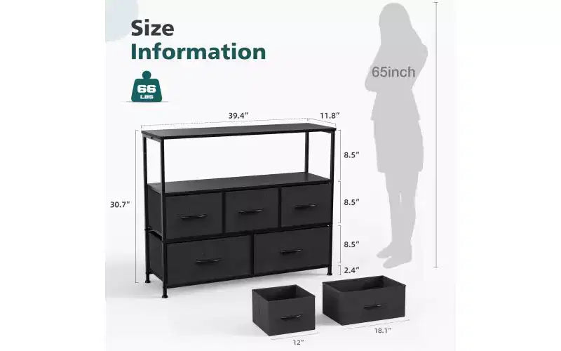 5 Drawers Dresser with Wood Top & Open Shelf,Fabric Storage Tower with Metal Frame,Chest of Drawers for TV Stand,Bedroom,Entryway,Clothes