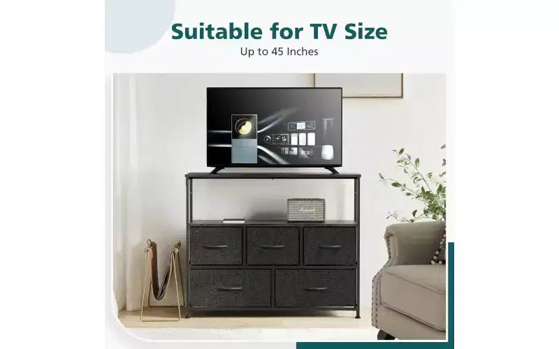 5 Drawers Dresser with Wood Top & Open Shelf,Fabric Storage Tower with Metal Frame,Chest of Drawers for TV Stand,Bedroom,Entryway,Clothes