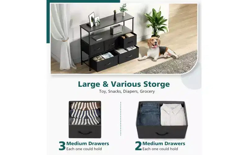 Commode 5 tiroirs avec plateau en bois et étagère ouverte, tour de rangement en tissu avec cadre en métal, commode pour meuble TV, chambre, entrée, vêtements