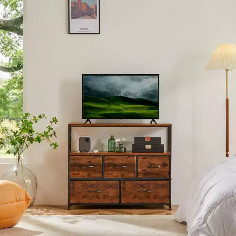 Commode 5 tiroirs avec plateau en bois et étagère ouverte, tour de rangement en tissu avec cadre en métal, commode pour meuble TV, chambre, entrée, vêtements