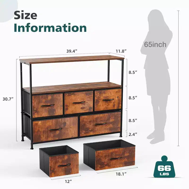 Commode 5 tiroirs avec plateau en bois et étagère ouverte, tour de rangement en tissu avec cadre en métal, commode pour meuble TV, chambre, entrée, vêtements