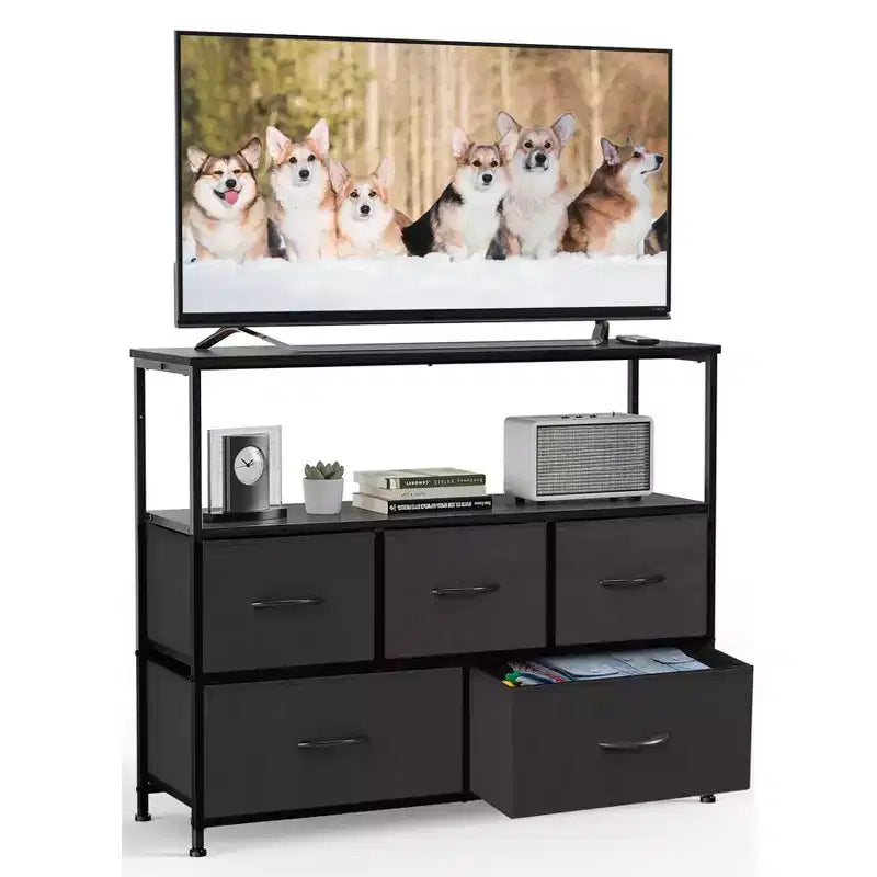 TUYOHW 5 Drawers Dresser with Wood Top & Open Shelf,Fabric Storage Tower with Metal Frame,Chest of Drawers for TV Stand,Bedroom,Entryway,Clothes