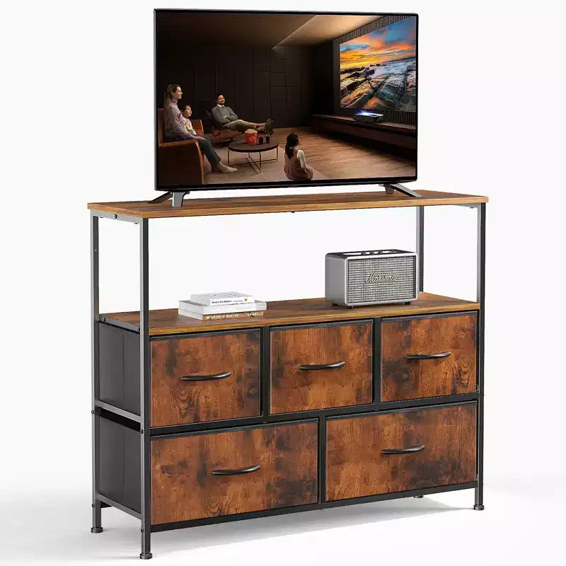5 Drawers Dresser with Wood Top & Open Shelf,Fabric Storage Tower with Metal Frame,Chest of Drawers for TV Stand,Bedroom,Entryway,Clothes