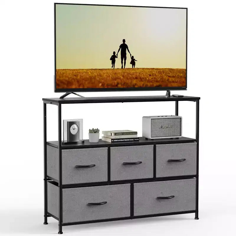 5 Drawers Dresser with Wood Top & Open Shelf,Fabric Storage Tower with Metal Frame,Chest of Drawers for TV Stand,Bedroom,Entryway,Clothes
