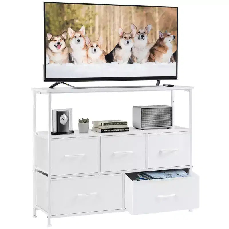 5 Drawers Dresser with Wood Top & Open Shelf,Fabric Storage Tower with Metal Frame,Chest of Drawers for TV Stand,Bedroom,Entryway,Clothes