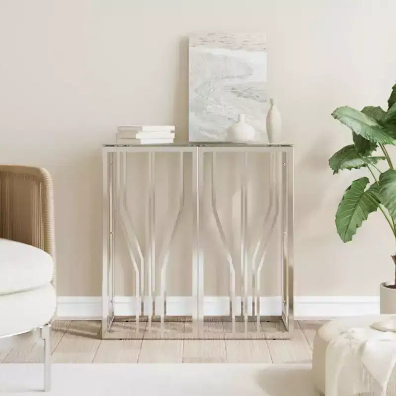 Console Table Accent Side End Table for Living Room Stainless Steel - Silver Glass