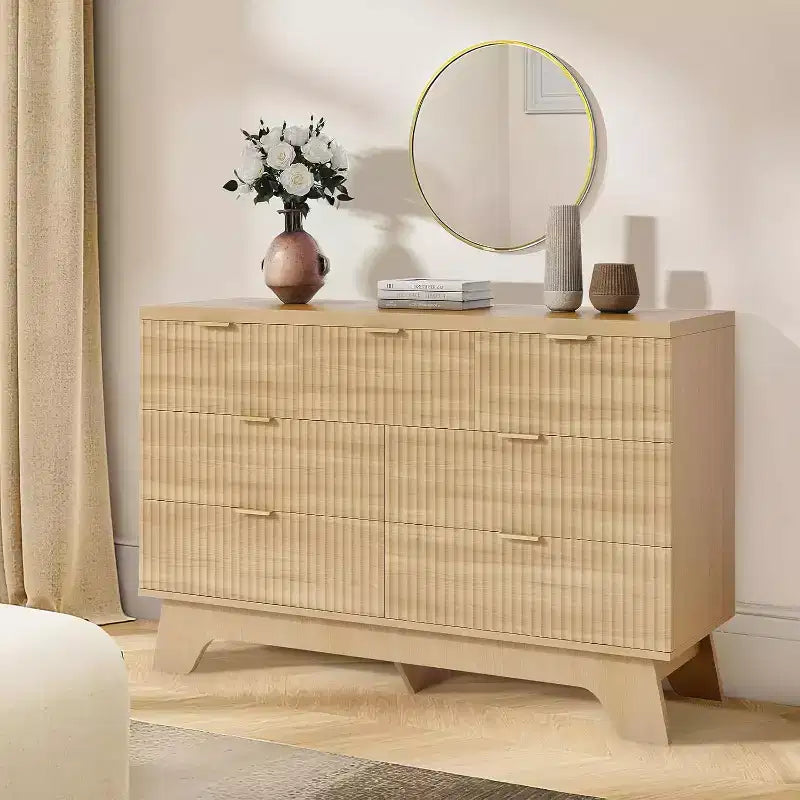 7 Drawer Dresser for Bedroom, 47 Wide Mid Century Modern Dresser with Gold Handle, Fluted Dressers Chest of Drawers for Living Room, Oak