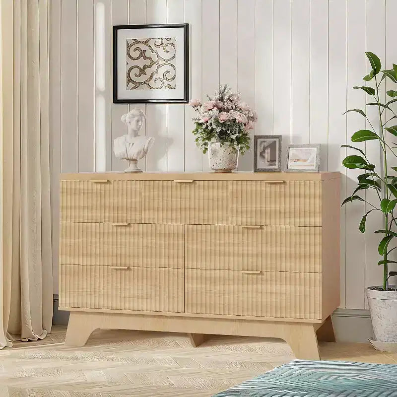 Commode à 7 tiroirs pour chambre à coucher, commode moderne du milieu du siècle de 120 cm de large avec poignée dorée, commode cannelée pour salon, chêne