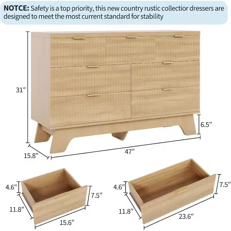 7 Drawer Dresser for Bedroom, 47 Wide Mid Century Modern Dresser with Gold Handle, Fluted Dressers Chest of Drawers for Living Room, Oak