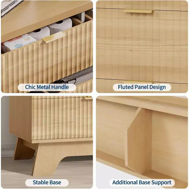 Commode à 7 tiroirs pour chambre à coucher, commode moderne du milieu du siècle de 120 cm de large avec poignée dorée, commode cannelée pour salon, chêne