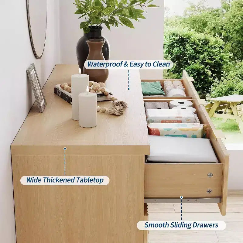 Commode à 7 tiroirs pour chambre à coucher, commode moderne du milieu du siècle de 120 cm de large avec poignée dorée, commode cannelée pour salon, chêne