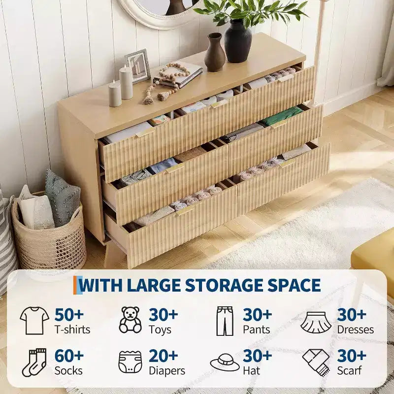 Commode à 7 tiroirs pour chambre à coucher, commode moderne du milieu du siècle de 120 cm de large avec poignée dorée, commode cannelée pour salon, chêne