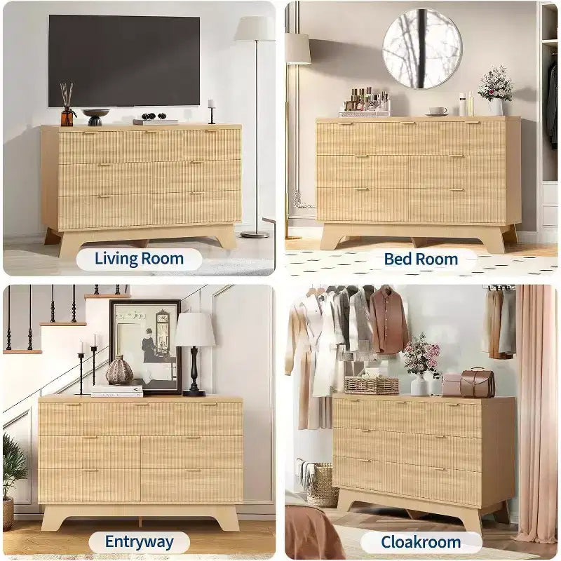 Commode à 7 tiroirs pour chambre à coucher, commode moderne du milieu du siècle de 120 cm de large avec poignée dorée, commode cannelée pour salon, chêne