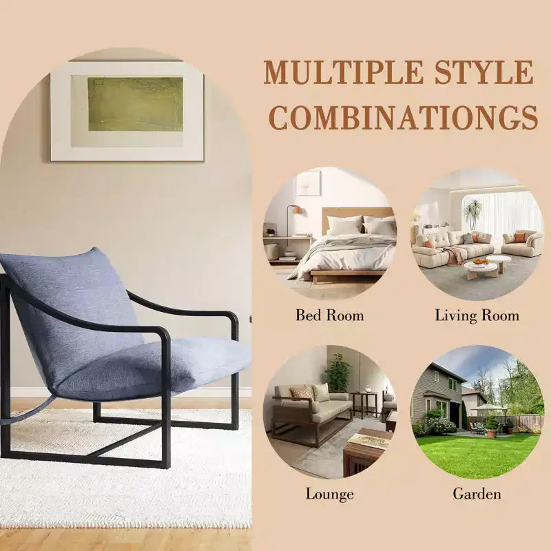 Sling Accent Chair, Modern Comfy Armchair with Soft Cushion, Metal Frame, Comfortable Lounge Chair for Living Room, Bedroom, Patio