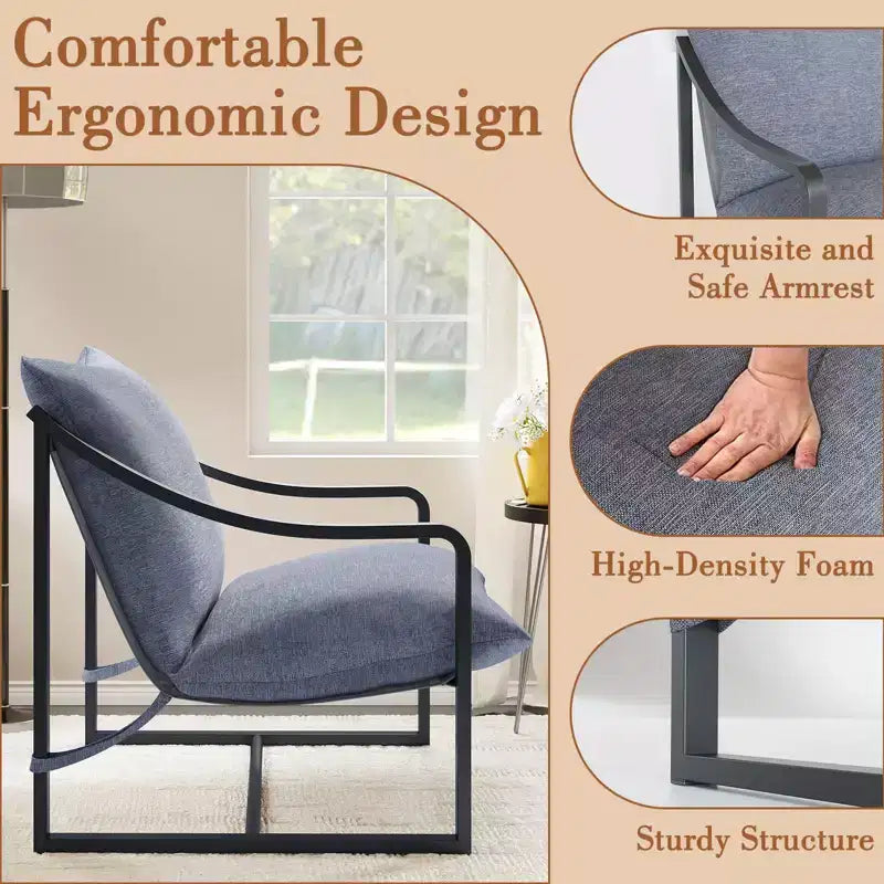 Sling Accent Chair, Modern Comfy Armchair with Soft Cushion, Metal Frame, Comfortable Lounge Chair for Living Room, Bedroom, Patio