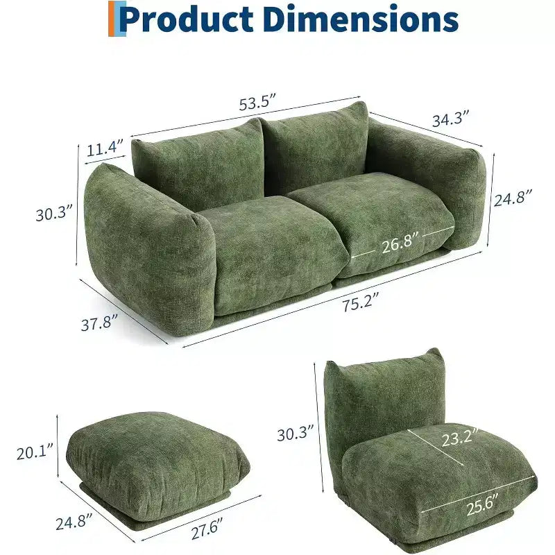 L-Shaped Chenille Sectional Sofa  Deep Modular Cloud Couch with High-Resilience Sponge, Green