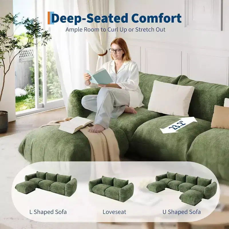 L-Shaped Chenille Sectional Sofa  Deep Modular Cloud Couch with High-Resilience Sponge, Green