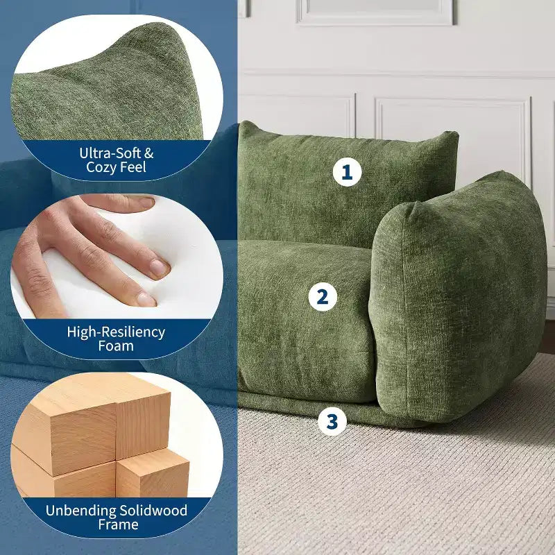 L-Shaped Chenille Sectional Sofa  Deep Modular Cloud Couch with High-Resilience Sponge, Green