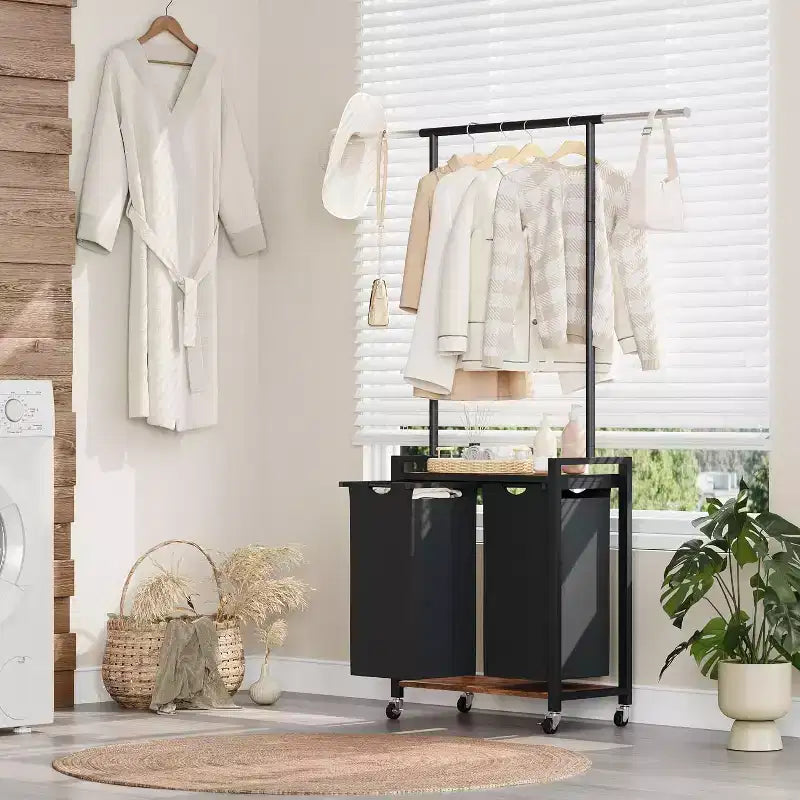 Laundry Sorter 2/3/4 Section,Rolling Laundry Sorter Hamper with Hanging Rack & Shelf, Laundry Basket Organizer with Lockable Wheels,Folding Station