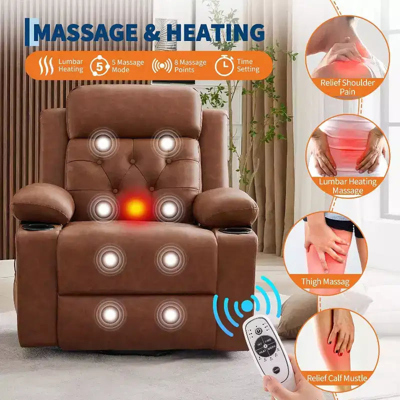 Le fauteuil inclinable de salon en cuir PU est équipé de fonctions de massage par vibration et de chauffage lombaire, et est livré avec des poches latérales et des porte-gobelets.