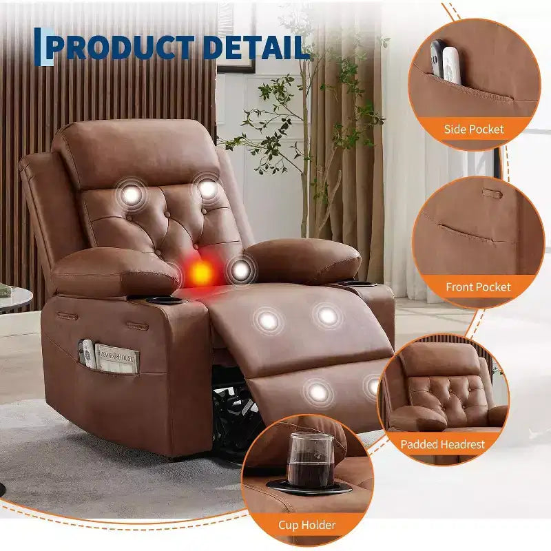 Le fauteuil inclinable de salon en cuir PU est équipé de fonctions de massage par vibration et de chauffage lombaire, et est livré avec des poches latérales et des porte-gobelets.