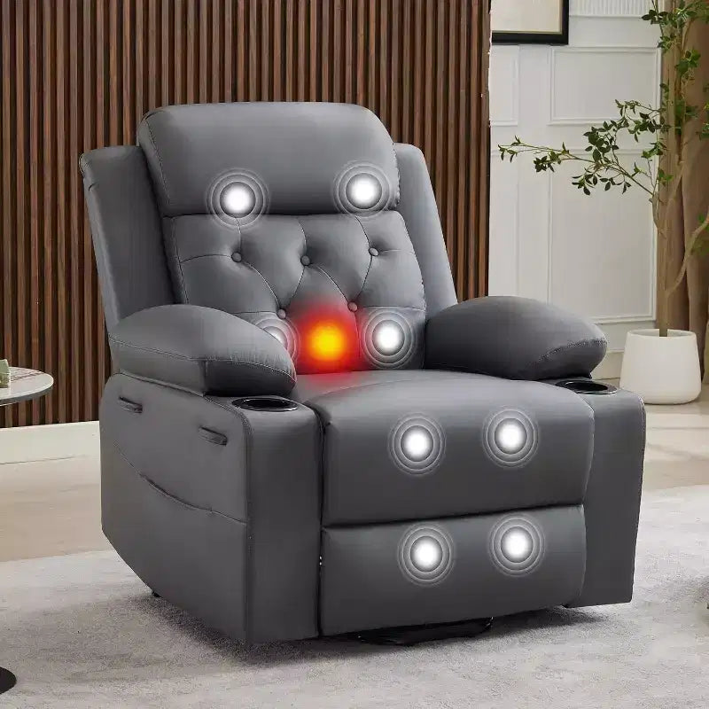 Le fauteuil inclinable de salon en cuir PU est équipé de fonctions de massage par vibration et de chauffage lombaire, et est livré avec des poches latérales et des porte-gobelets.