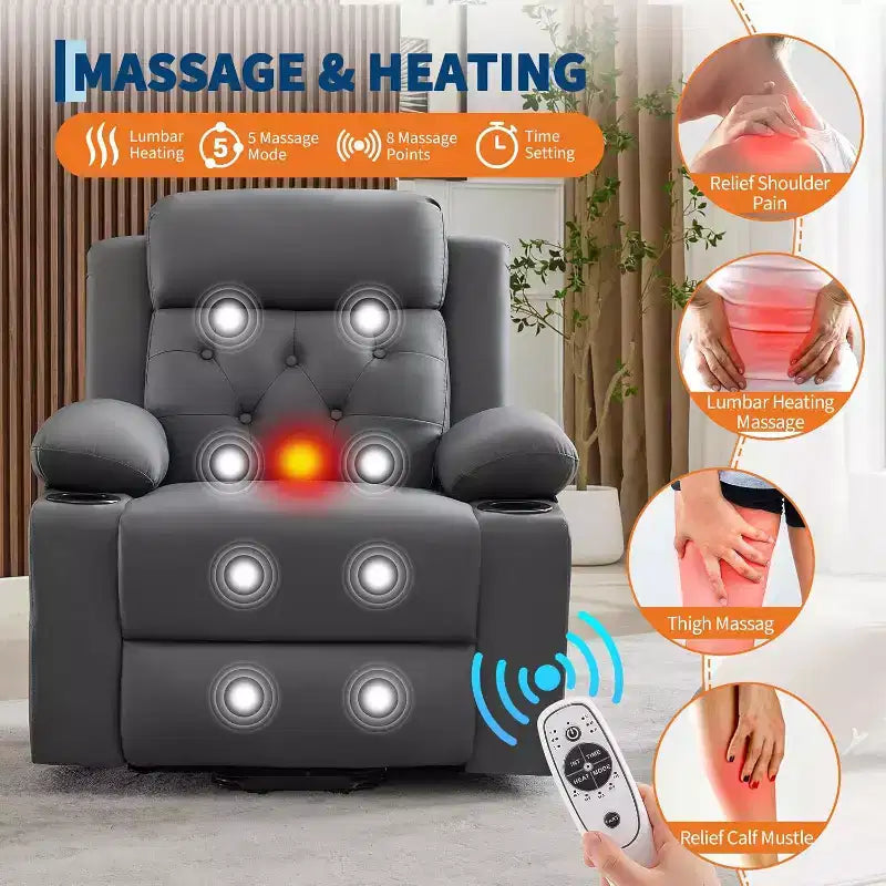 Le fauteuil inclinable de salon en cuir PU est équipé de fonctions de massage par vibration et de chauffage lombaire, et est livré avec des poches latérales et des porte-gobelets.