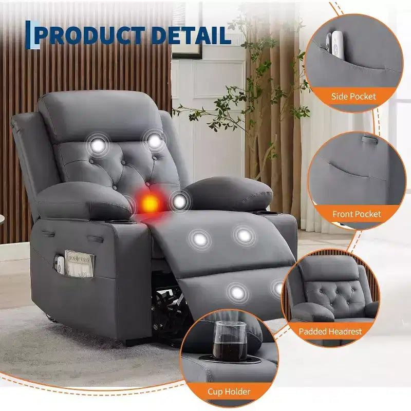 Le fauteuil inclinable de salon en cuir PU est équipé de fonctions de massage par vibration et de chauffage lombaire, et est livré avec des poches latérales et des porte-gobelets.
