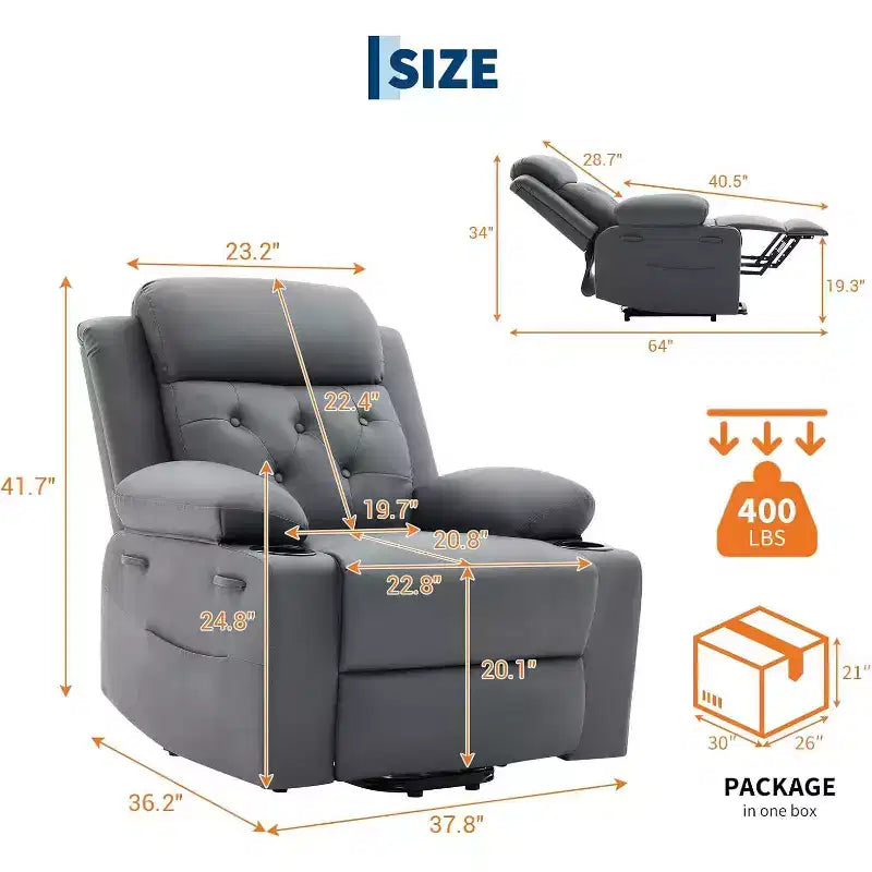 The Living Room PU Leather Lounge Chair is Equipped with Vibration massage and Waist Heating Functions, and Comes with Side Pockets and Cup Holders