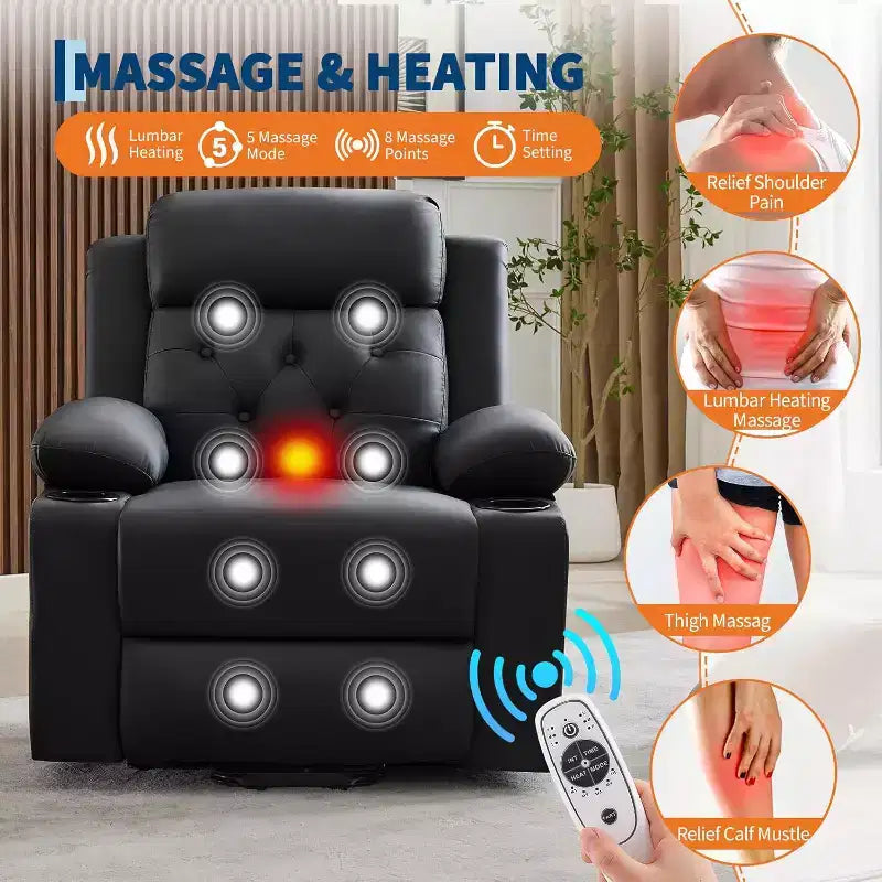 Le fauteuil inclinable de salon en cuir PU est équipé de fonctions de massage par vibration et de chauffage lombaire, et est livré avec des poches latérales et des porte-gobelets.