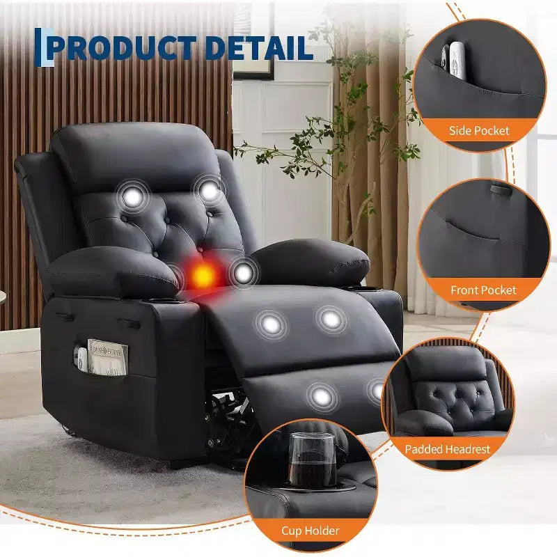 The Living Room PU Leather Lounge Chair is Equipped with Vibration massage and Waist Heating Functions, and Comes with Side Pockets and Cup Holders