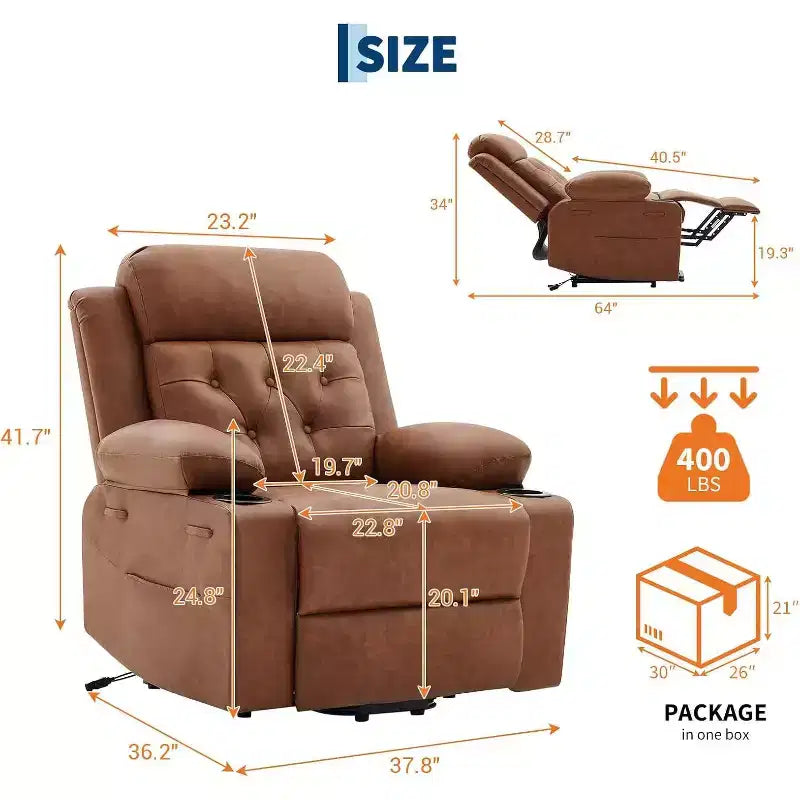 Le fauteuil inclinable de salon en cuir PU est équipé de fonctions de massage par vibration et de chauffage lombaire, et est livré avec des poches latérales et des porte-gobelets.