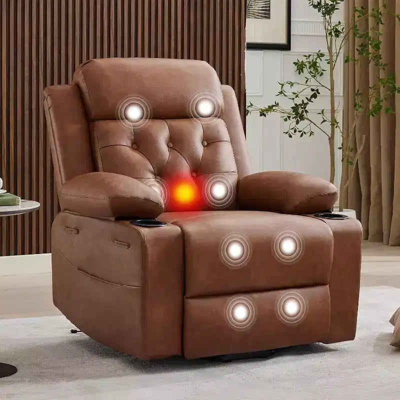 Le fauteuil inclinable de salon en cuir PU est équipé de fonctions de massage par vibration et de chauffage lombaire, et est livré avec des poches latérales et des porte-gobelets.