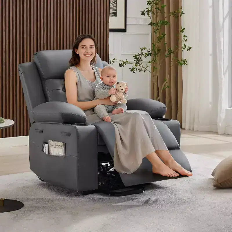 The Living Room PU Leather Lounge Chair is Equipped with Vibration massage and Waist Heating Functions, and Comes with Side Pockets and Cup Holders
