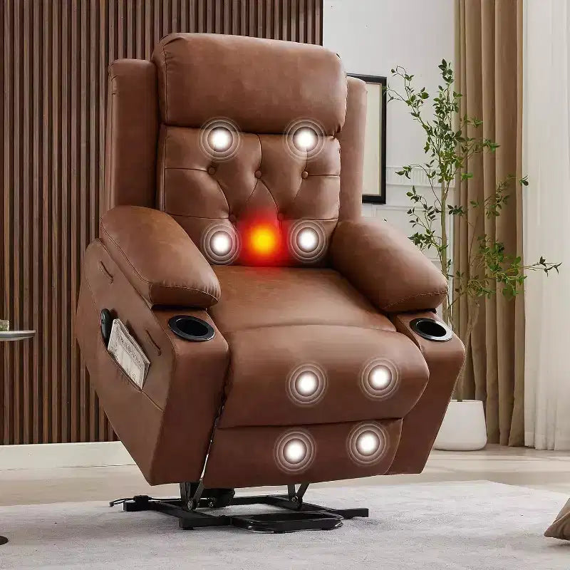 The Living Room PU Leather Lounge Chair is Equipped with Vibration massage and Waist Heating Functions, and Comes with Side Pockets and Cup Holders