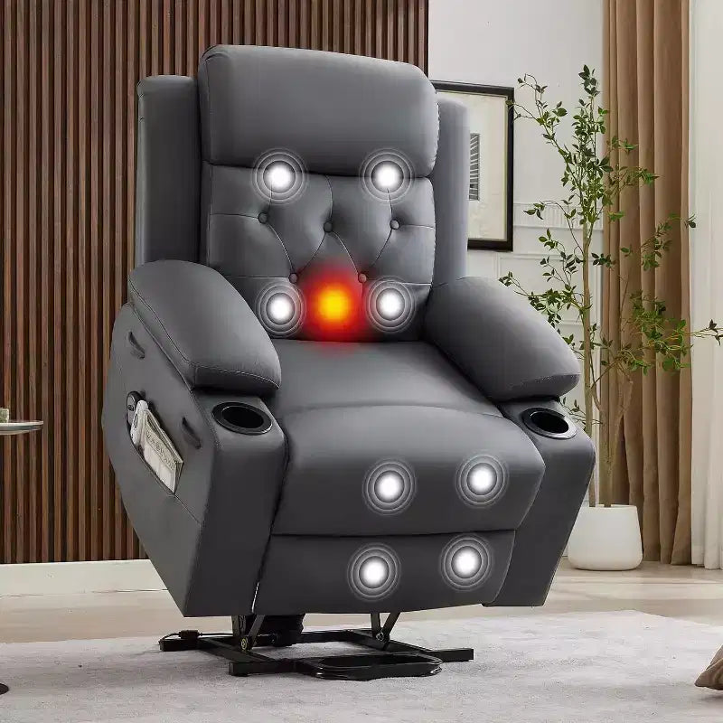 The Living Room PU Leather Lounge Chair is Equipped with Vibration massage and Waist Heating Functions, and Comes with Side Pockets and Cup Holders