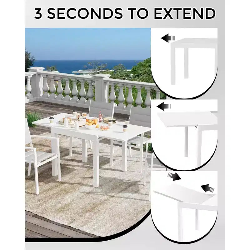 Table à manger d'extérieur extensible de 80 à 160 cm, Table de patio en aluminium avec plateau imitation bois, Table pliante peu encombrante pour jardin, cour, balcon