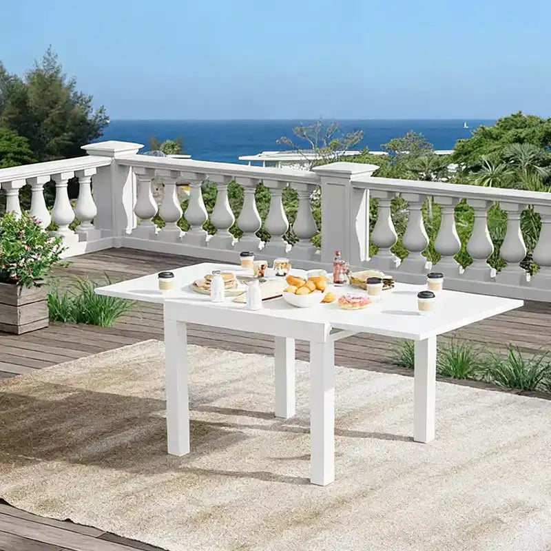 Expandable Outdoor Dining Table 31.5-63, Aluminum Patio Table with Wood Grain Top, Space-Saving Collapsible Table for Garden Yard Balcony