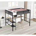Acekool Metal Full Size Loft Bed with Desk and Shelves, Quiet Wood Slats & Textilene Guardrail, 2 Ladders and Grid Panel