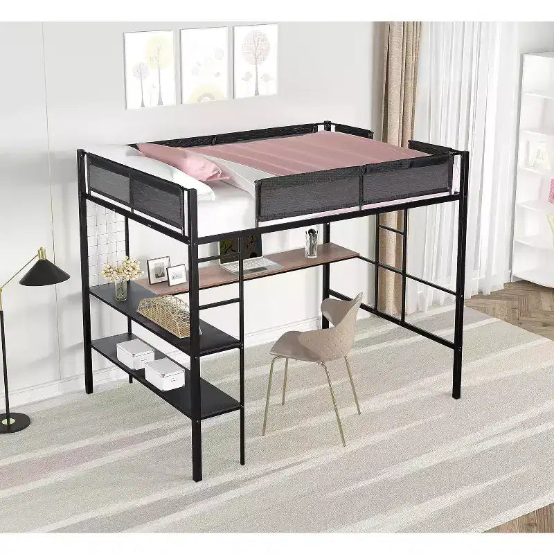 Acekool Metal Full Size Loft Bed with Desk and Shelves, Quiet Wood Slats & Textilene Guardrail, 2 Ladders and Grid Panel