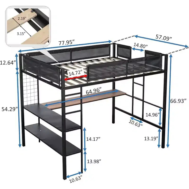 Lit mezzanine en métal pleine taille avec bureau et étagères, sommier à lattes silencieux et garde-corps en textilène, 2 échelles et panneau grillagé