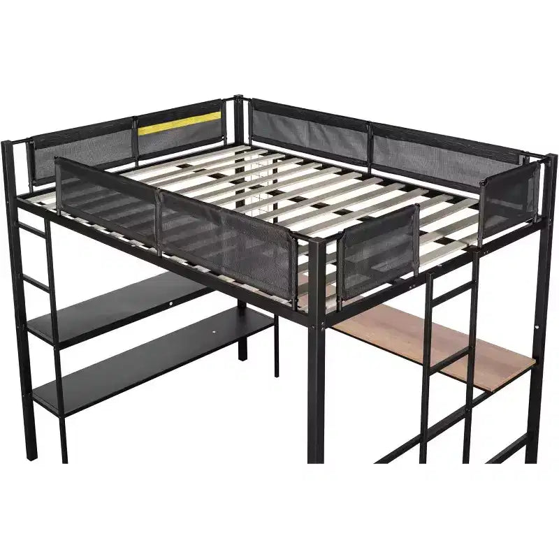 Lit mezzanine en métal pleine taille avec bureau et étagères, sommier à lattes silencieux et garde-corps en textilène, 2 échelles et panneau grillagé