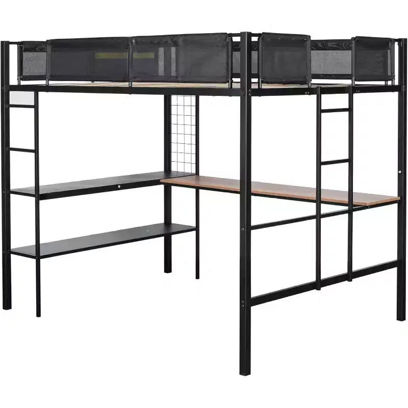 Lit mezzanine en métal pleine taille avec bureau et étagères, sommier à lattes silencieux et garde-corps en textilène, 2 échelles et panneau grillagé