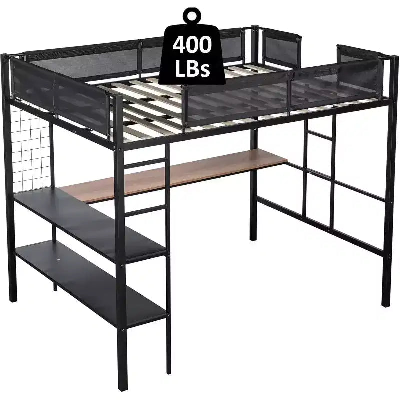 Lit mezzanine en métal pleine taille avec bureau et étagères, sommier à lattes silencieux et garde-corps en textilène, 2 échelles et panneau grillagé