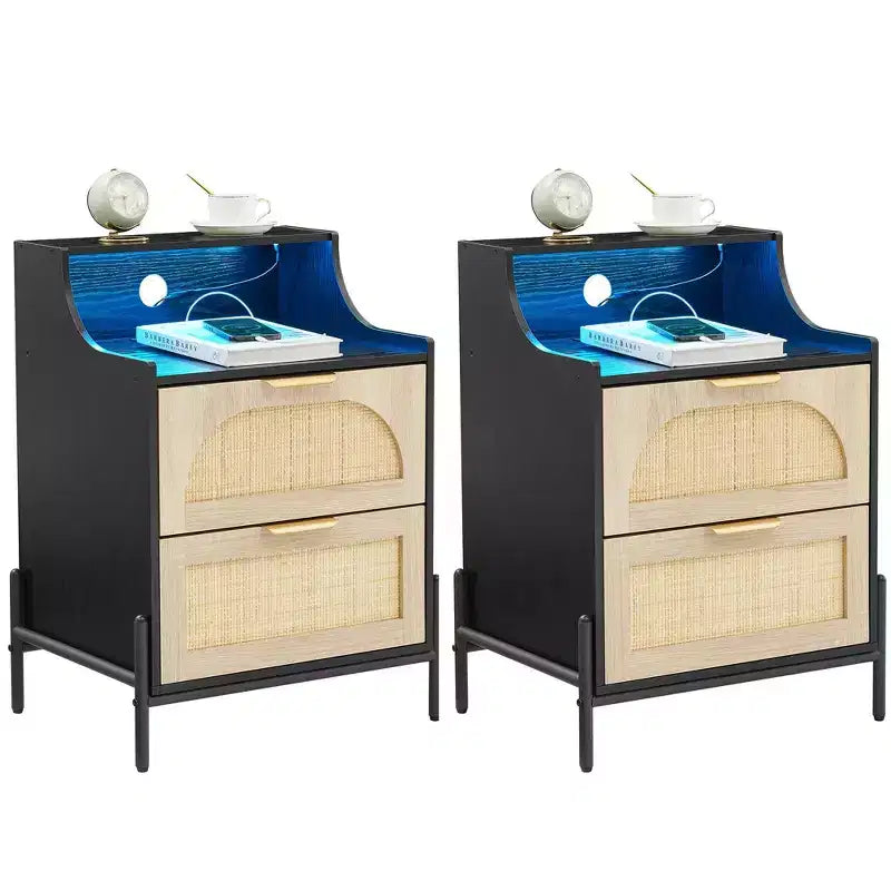 2-Pack Black Rattan Nightstand with Charging Station C USB Port, LED Lights & 2 Drawers, Modern Bedside/End Table for Bedroom, Living Room & Dorm