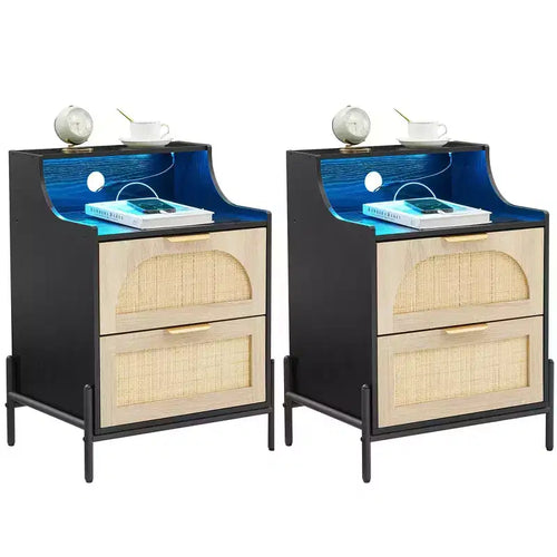 2-Pack Black Rattan Nightstand with Charging Station C USB Port, LED Lights & 2 Drawers, Modern Bedside/End Table for Bedroom, Living Room & Dorm