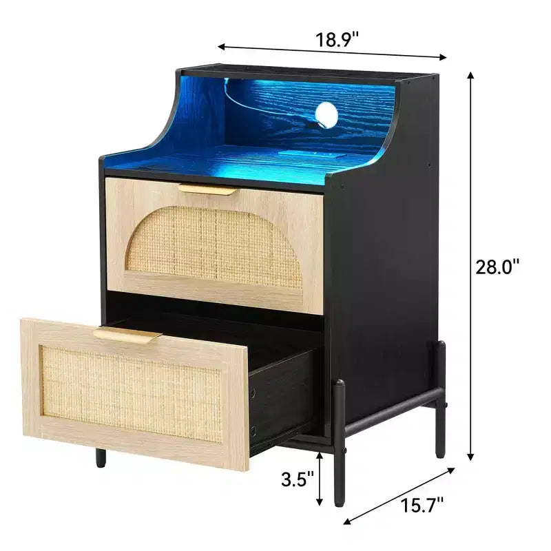 Lot de 2 tables de chevet noires en rotin avec station de charge USB C, lumières LED et 2 tiroirs, table d'appoint moderne pour chambre, salon et dortoir