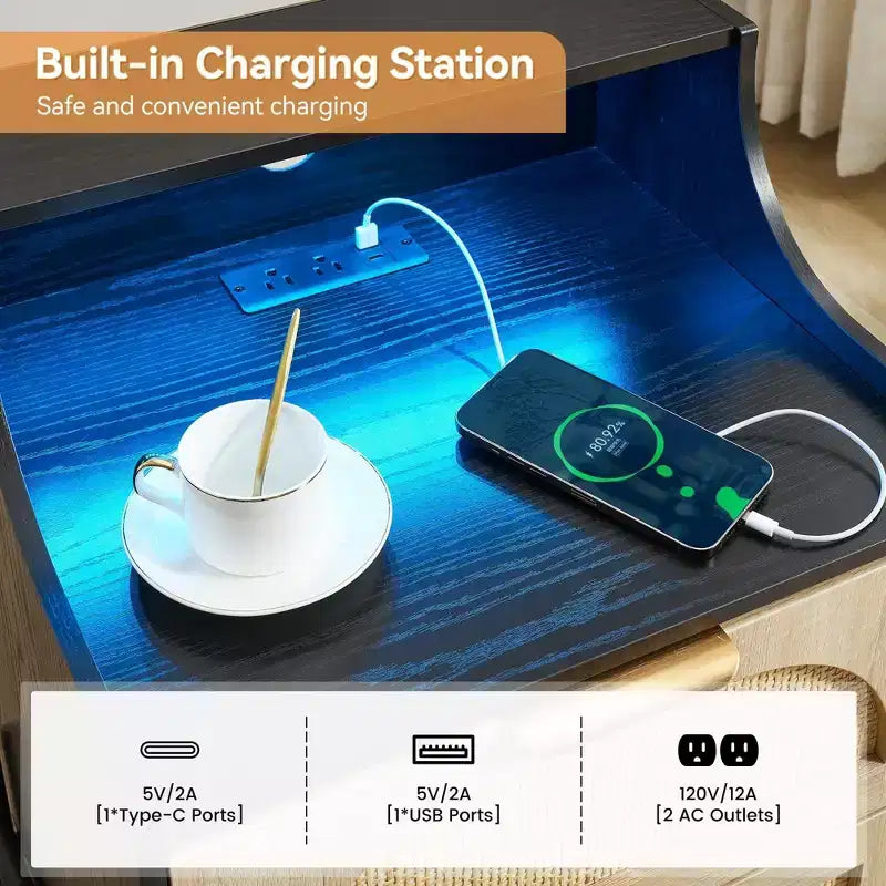 Lot de 2 tables de chevet noires en rotin avec station de charge USB C, lumières LED et 2 tiroirs, table d'appoint moderne pour chambre, salon et dortoir